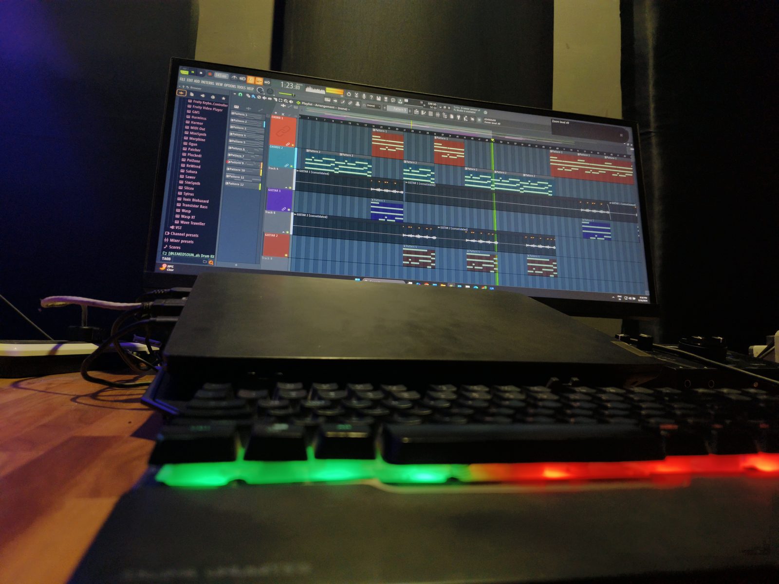 Close-up of DAW arrangement on the studio monitor