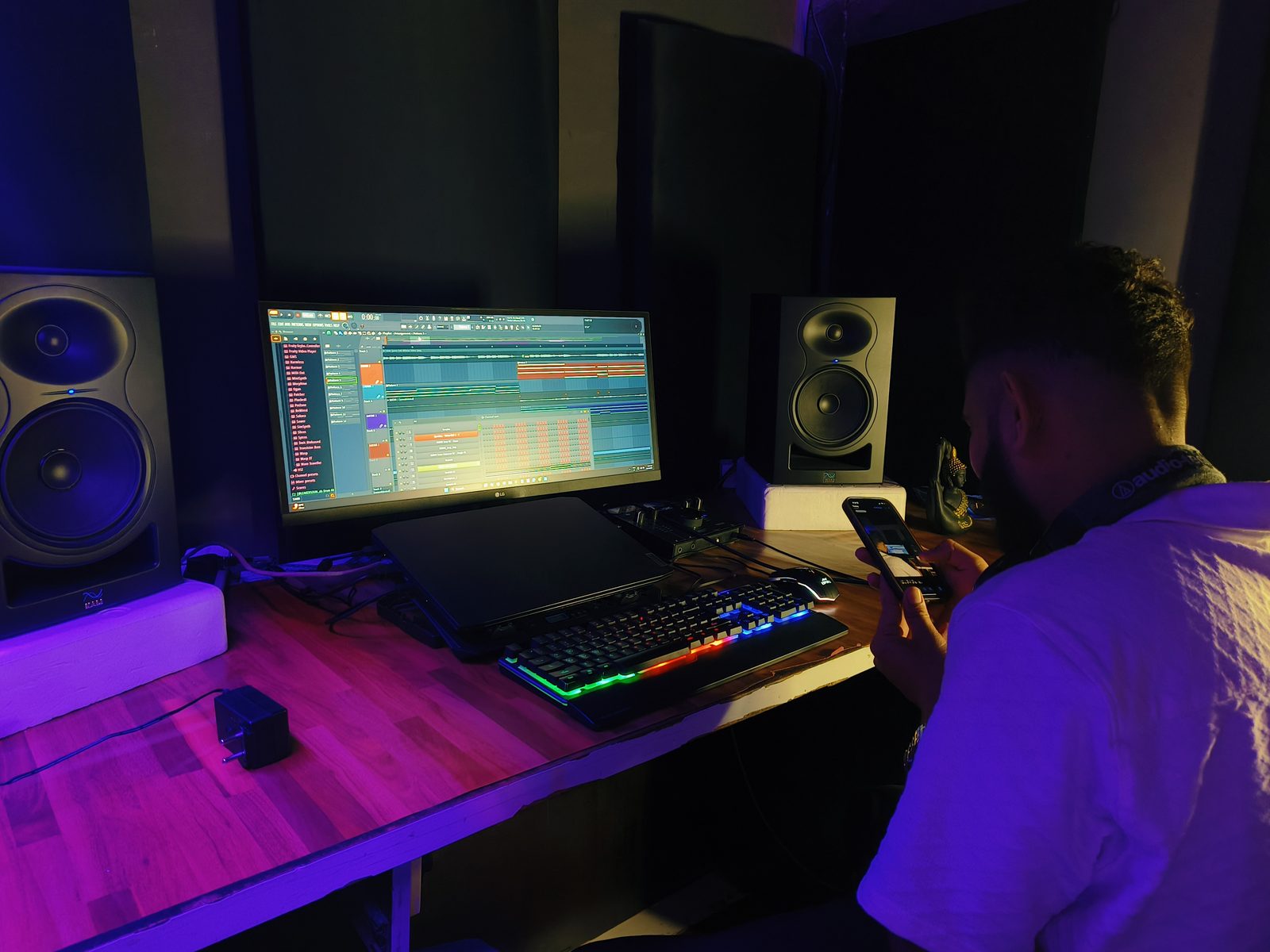 Music production session on a studio desktop with DAW open